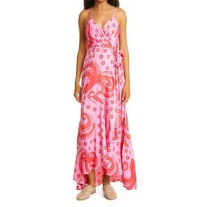 Farm Rio Octocool Pink Sleeveless V Neck Abstract Print Maxi Wrap Dress Size M